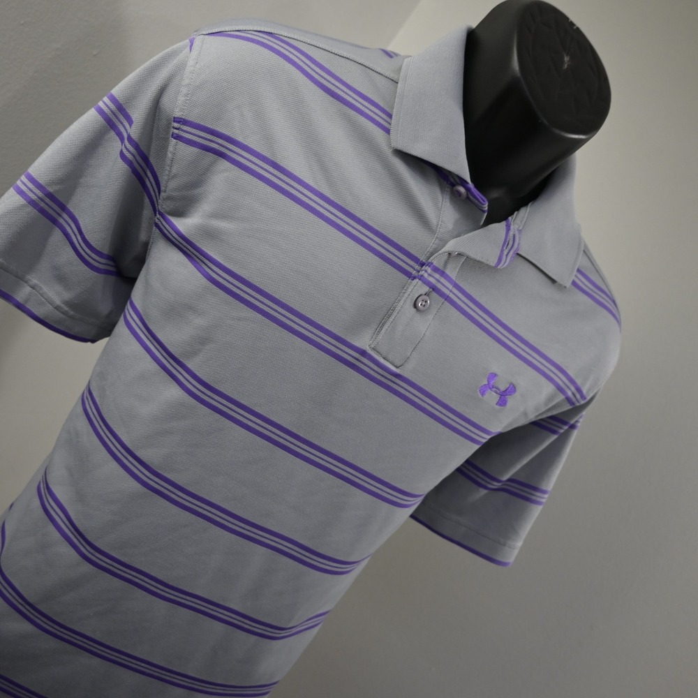 Under Armour Polo Shirt Mens Medium Gray Purple Striped Short Sleeve HeatGear - Picture 3 of 11